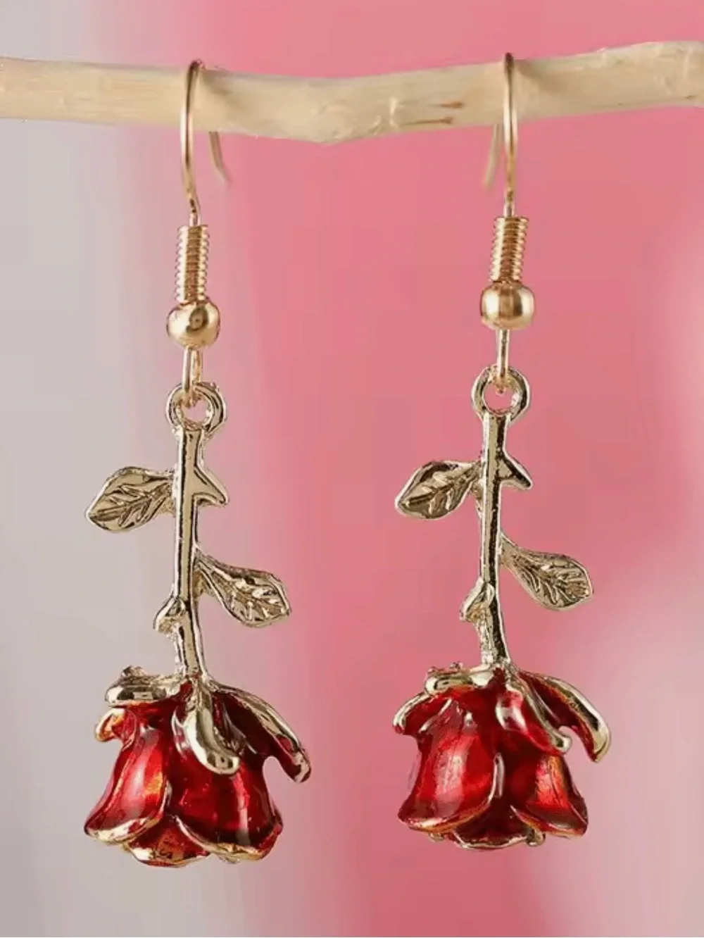 Gold Red Rose Drop Earrings